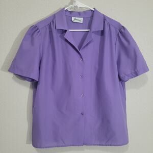 Joanna Vintage 80s Short Sleeve Blouse Womens Large Puff Shoulder Made in USA